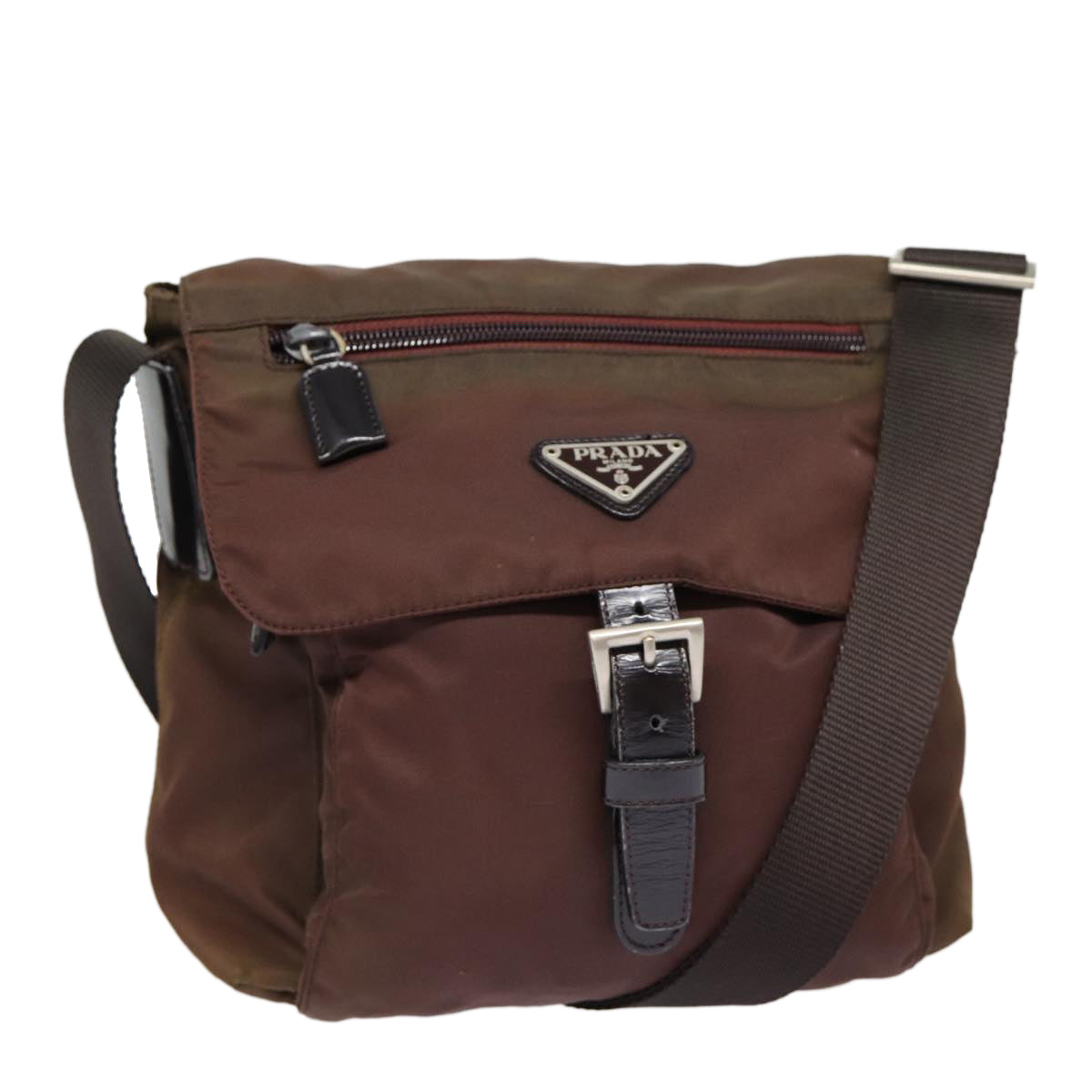 Prada Shoulder Bag Auth Nylon Brown Silver