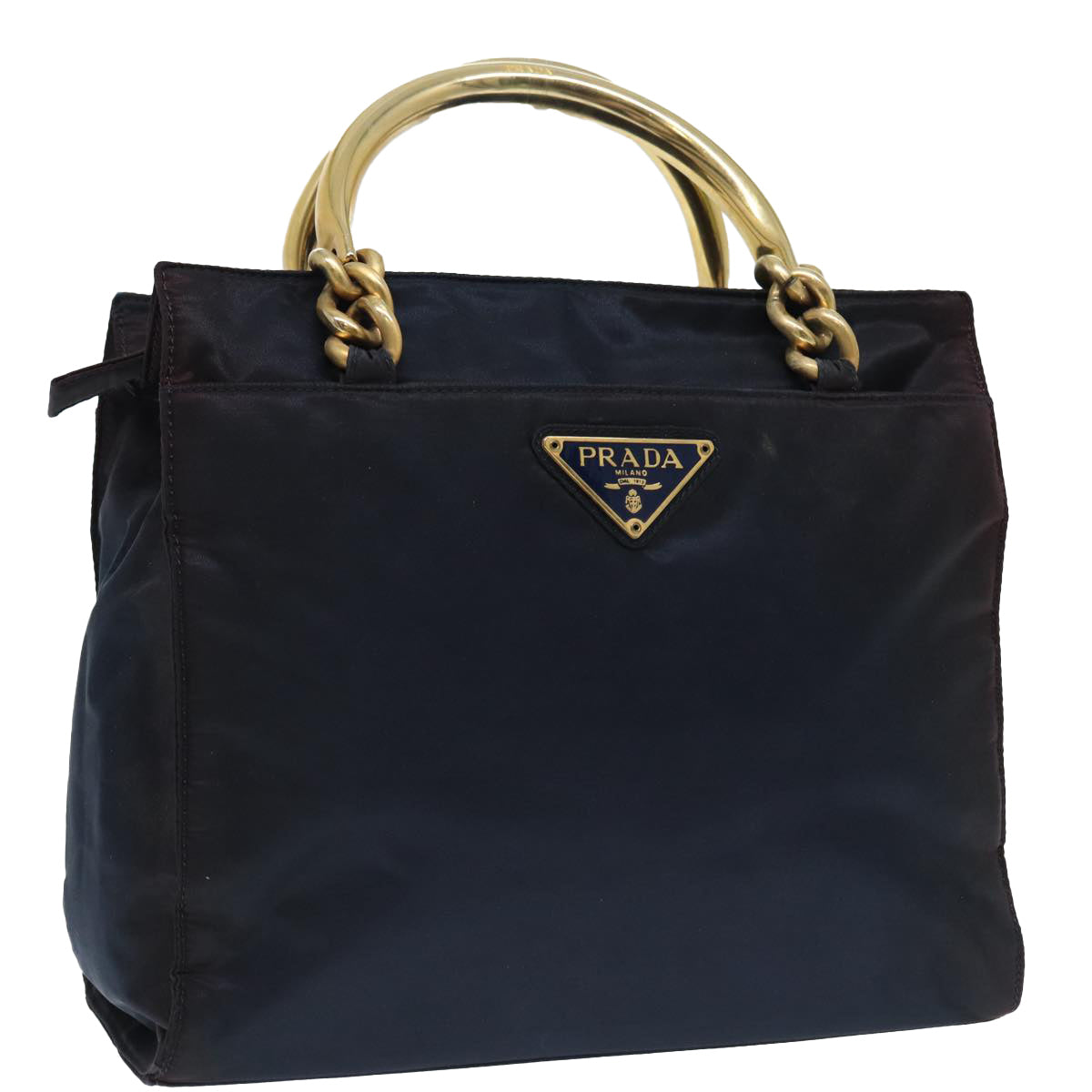 Prada Hand Bag Auth Nylon Gold Navy Travel Bag