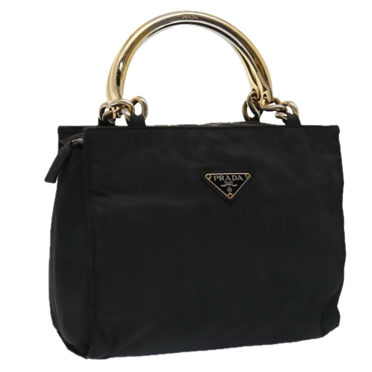 Prada Hand Bag Auth Nylon Black Gold Travel Bag Gold Auth Bs17601