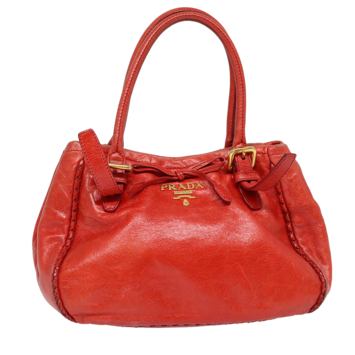 Prada Hand Bag Auth Leather Red Gold Travel Bag