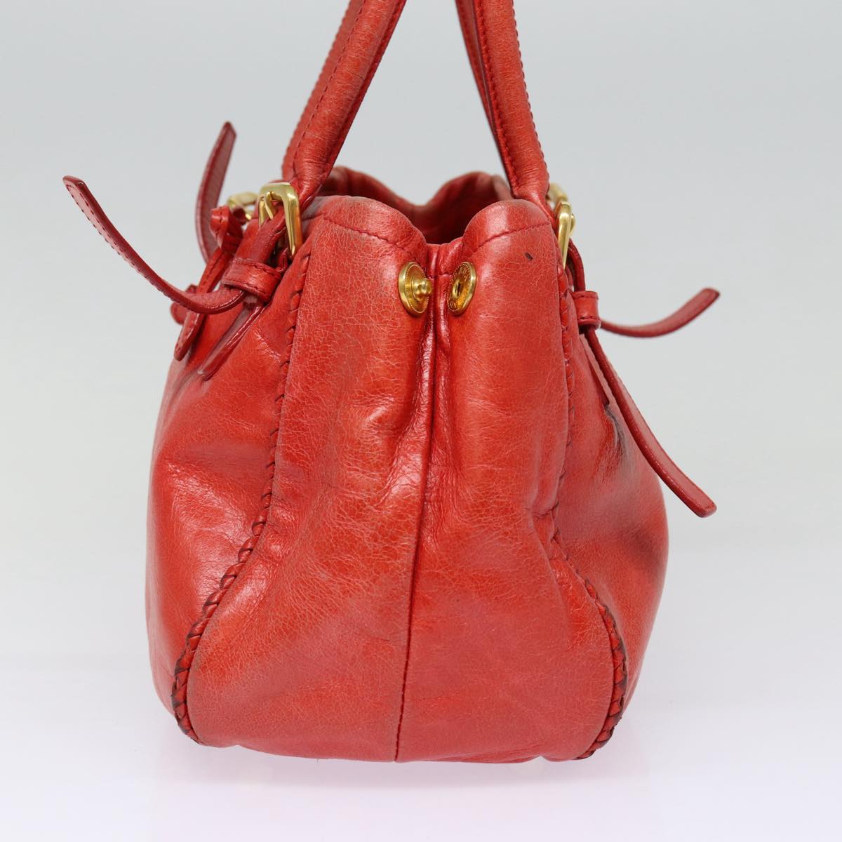 Prada Hand Bag Auth Leather Red Gold Travel Bag