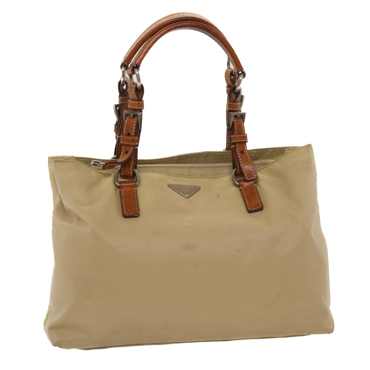 Prada Hand Bag Leather Nylon Beige Travel Bag