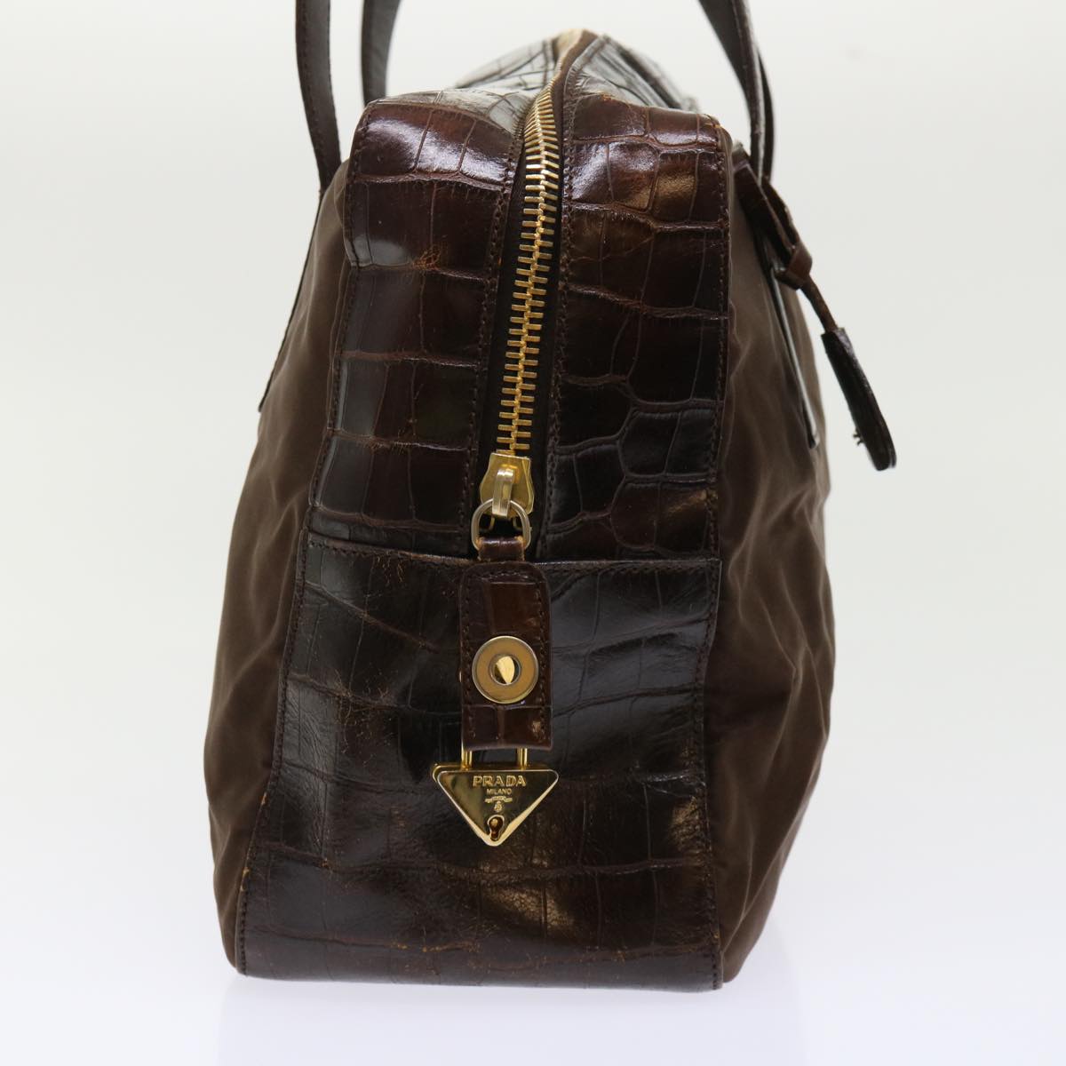 Prada Hand Bag Leather Nylon Brown Travel Bag
