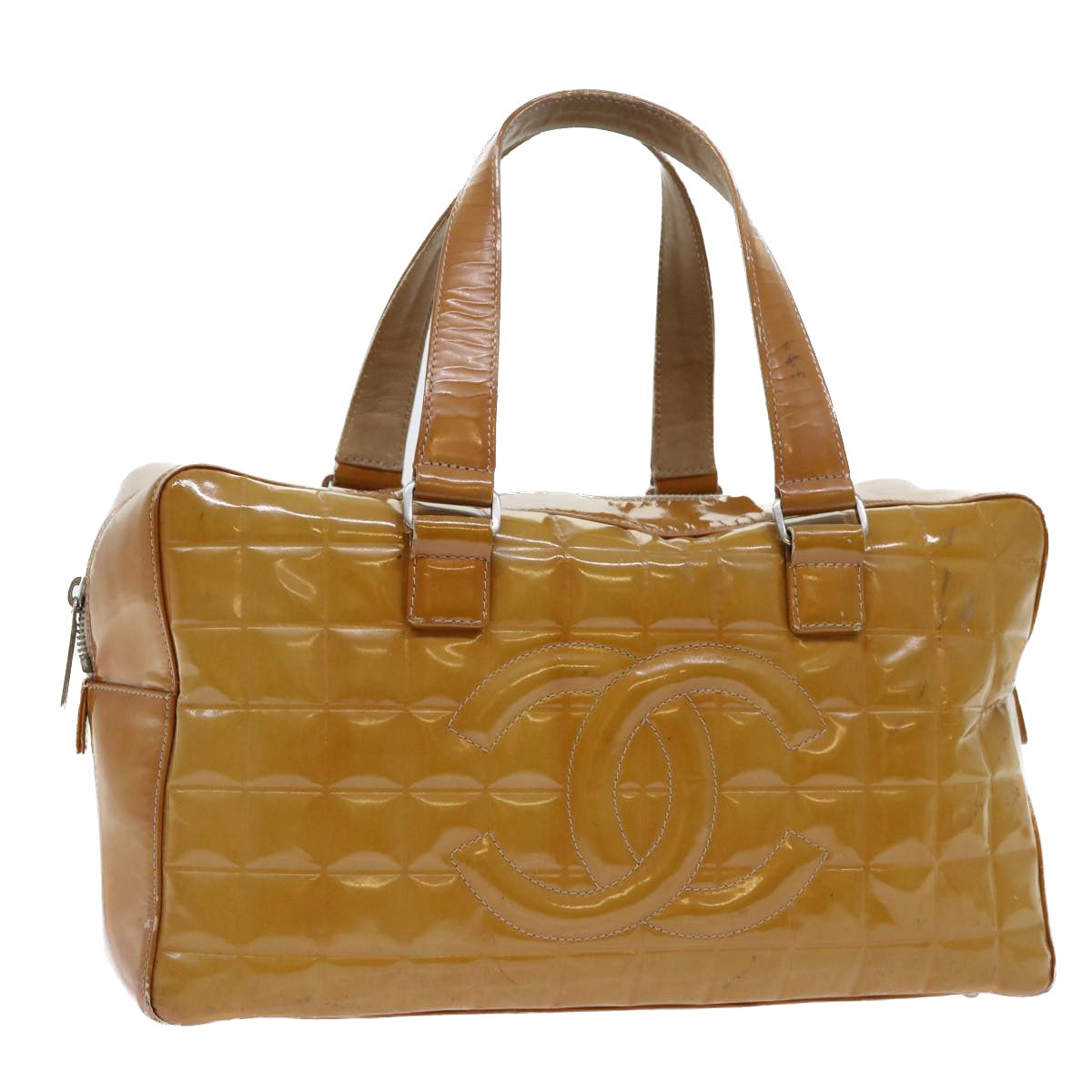 Chanel Choco Bar Line Shoulder Bag Patent leather Yellow CC Auth bs