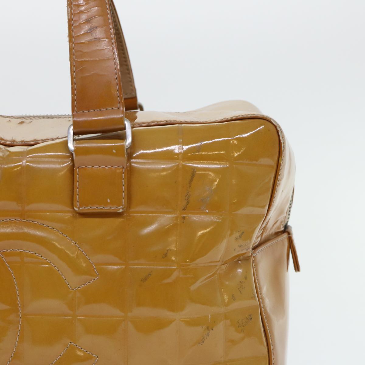 Chanel Choco Bar Line Shoulder Bag Patent leather Yellow CC Auth bs