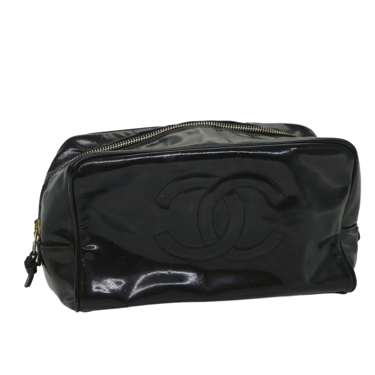 Chanel Clutch Bag Patent leather Black CC Auth bs