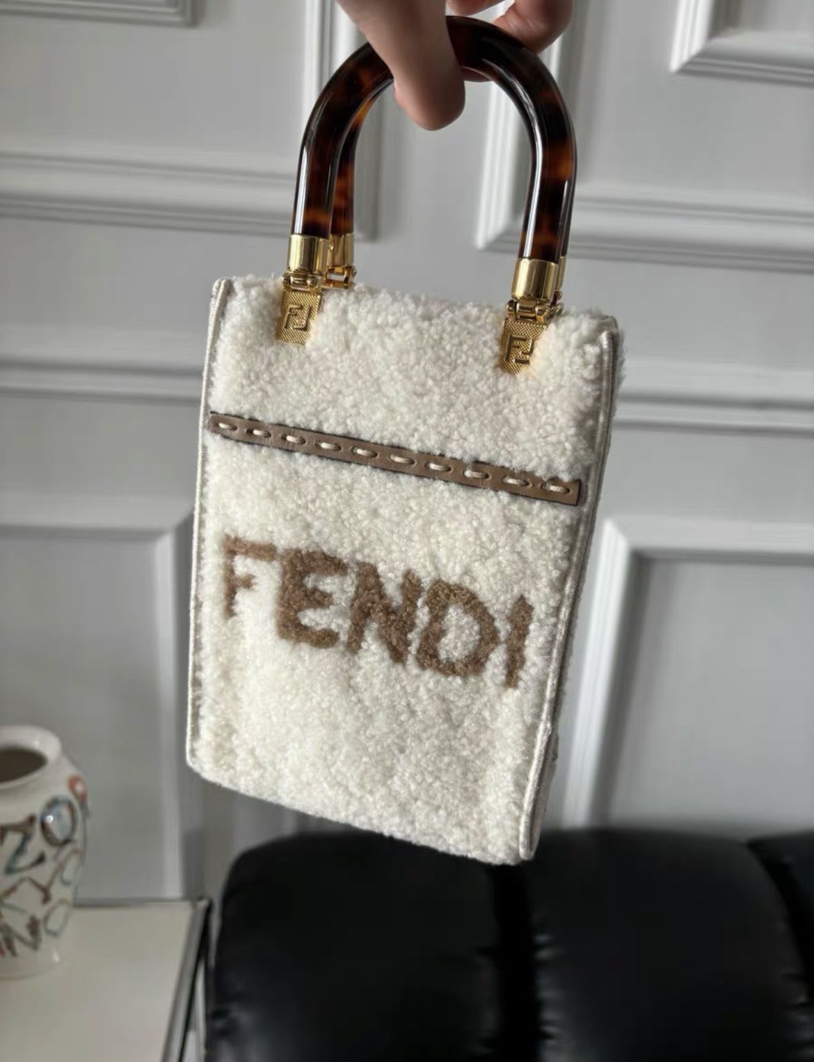 Fendi Sunshine Shopper Trimmed Shearling Tote Leather Mini Tote Bag