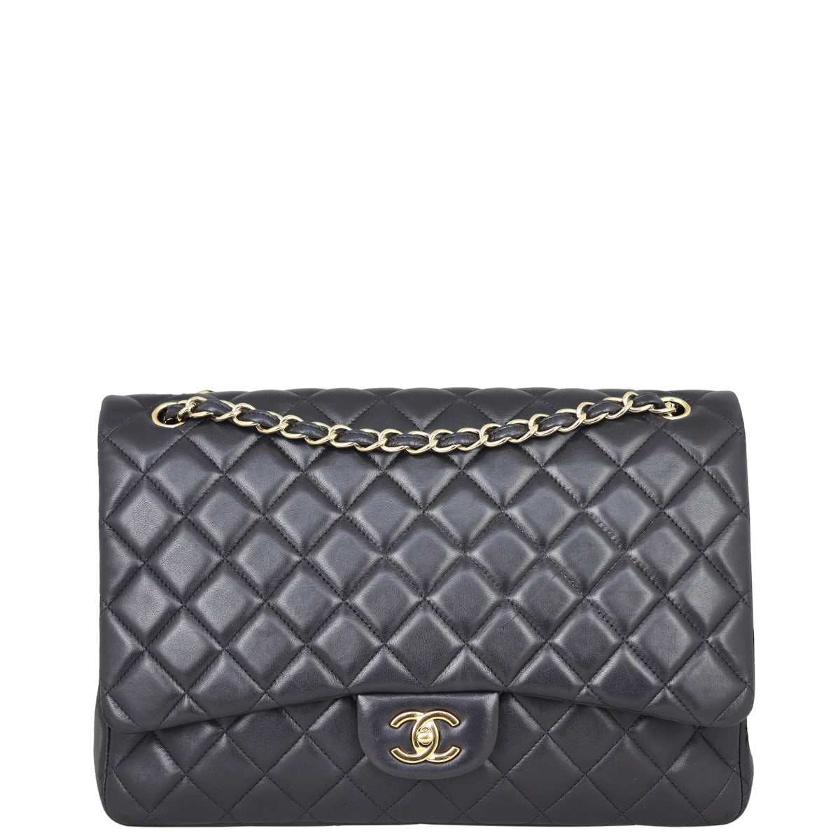 Chanel Classic Single Maxi Lambskin Hardware Handbag Black Gold