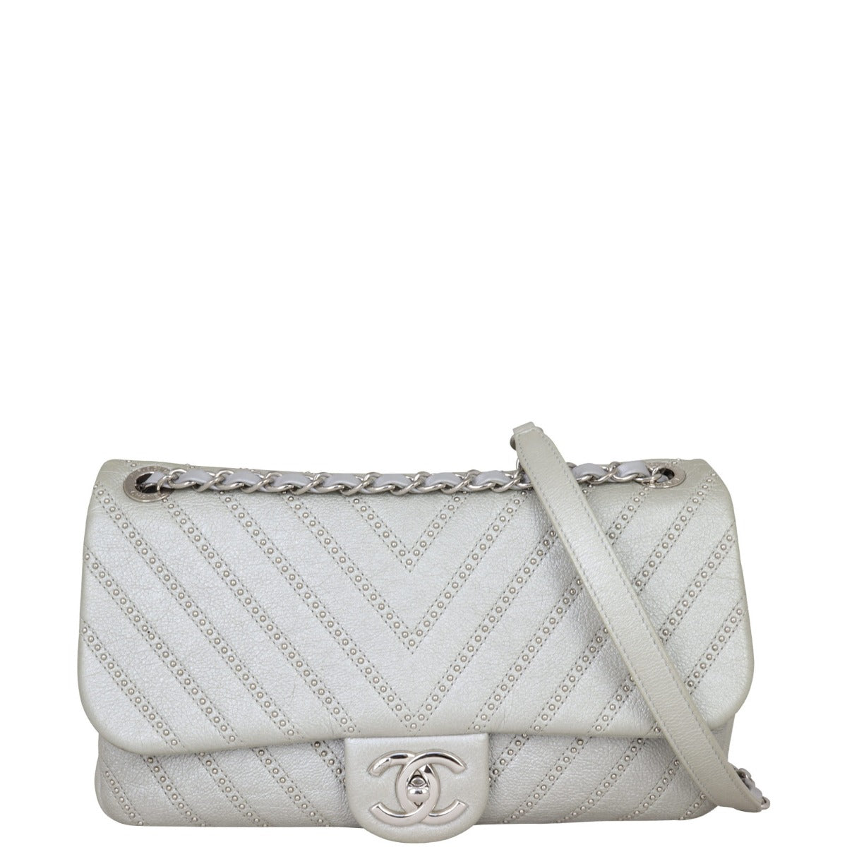 Chanel Stud Wars Chevron Bag Metallic Silver Flap Handbag