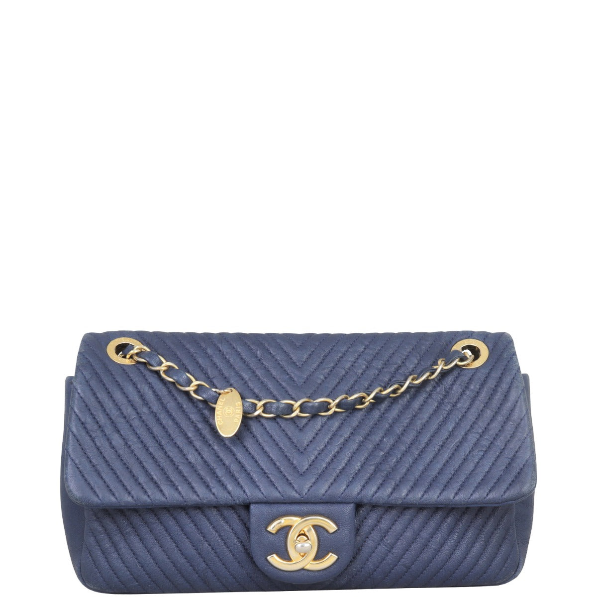 Chanel Surpique Chevron Single Bag Hardware Blue Gold Handbag