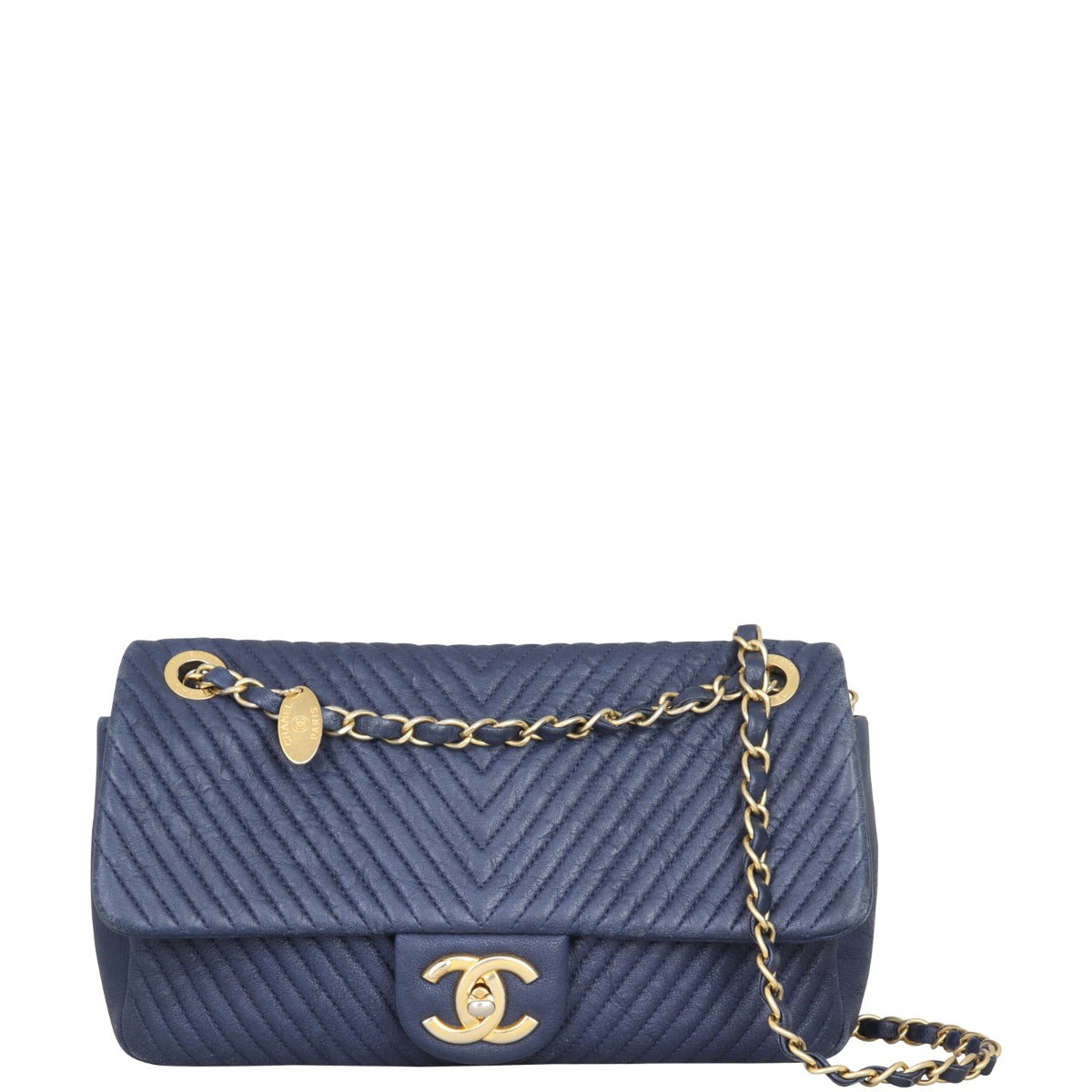 Chanel Surpique Chevron Single Bag Hardware Blue Gold Handbag