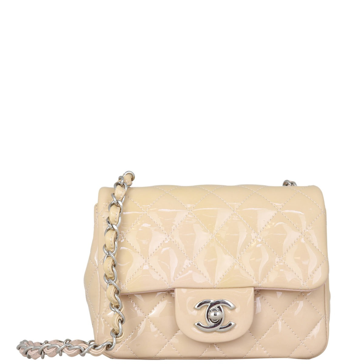 Chanel Classic Flap Square Patent Handbag White Beige Mini Bag