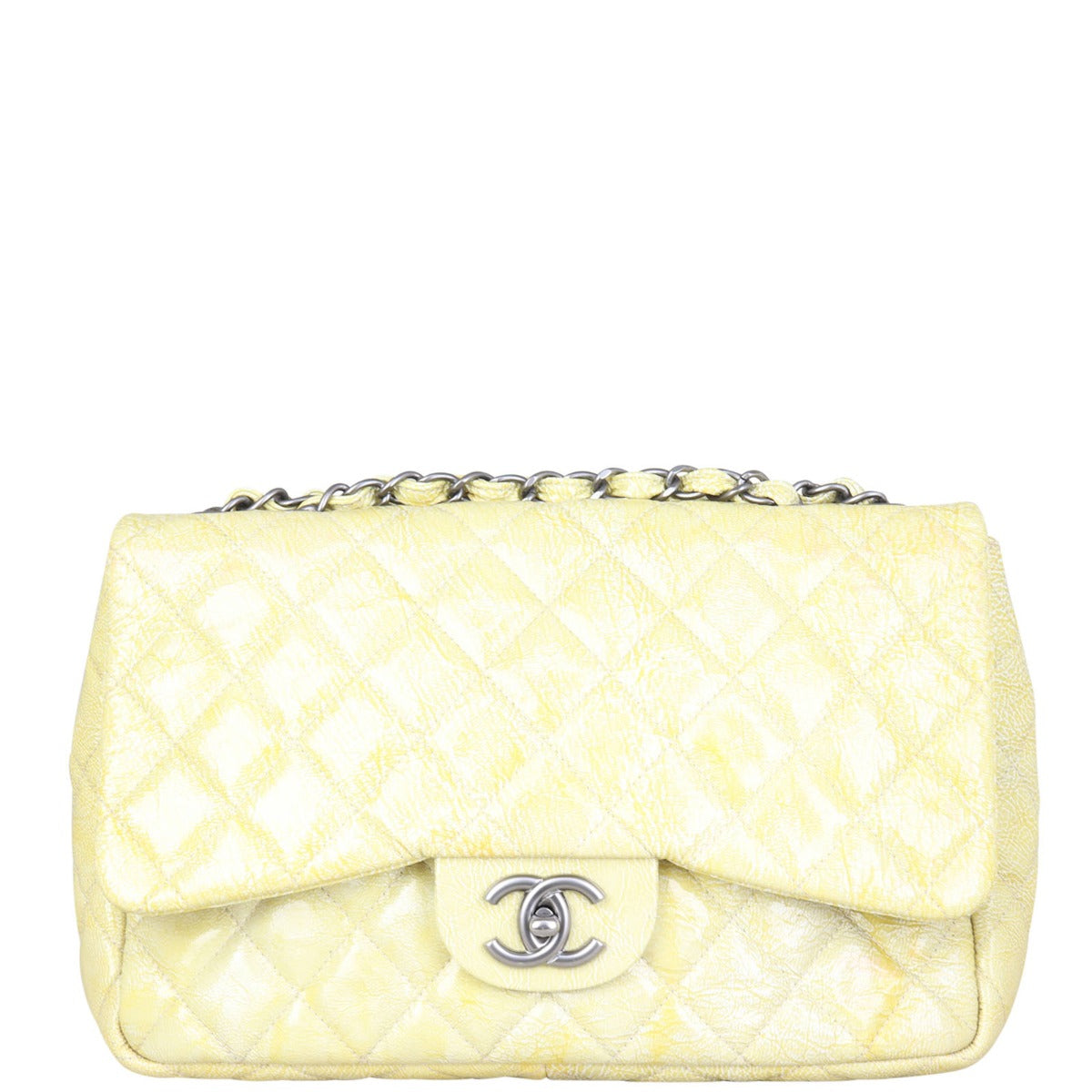 Chanel Classic Single Jumbo Vinyl Yellow Handbag Flap