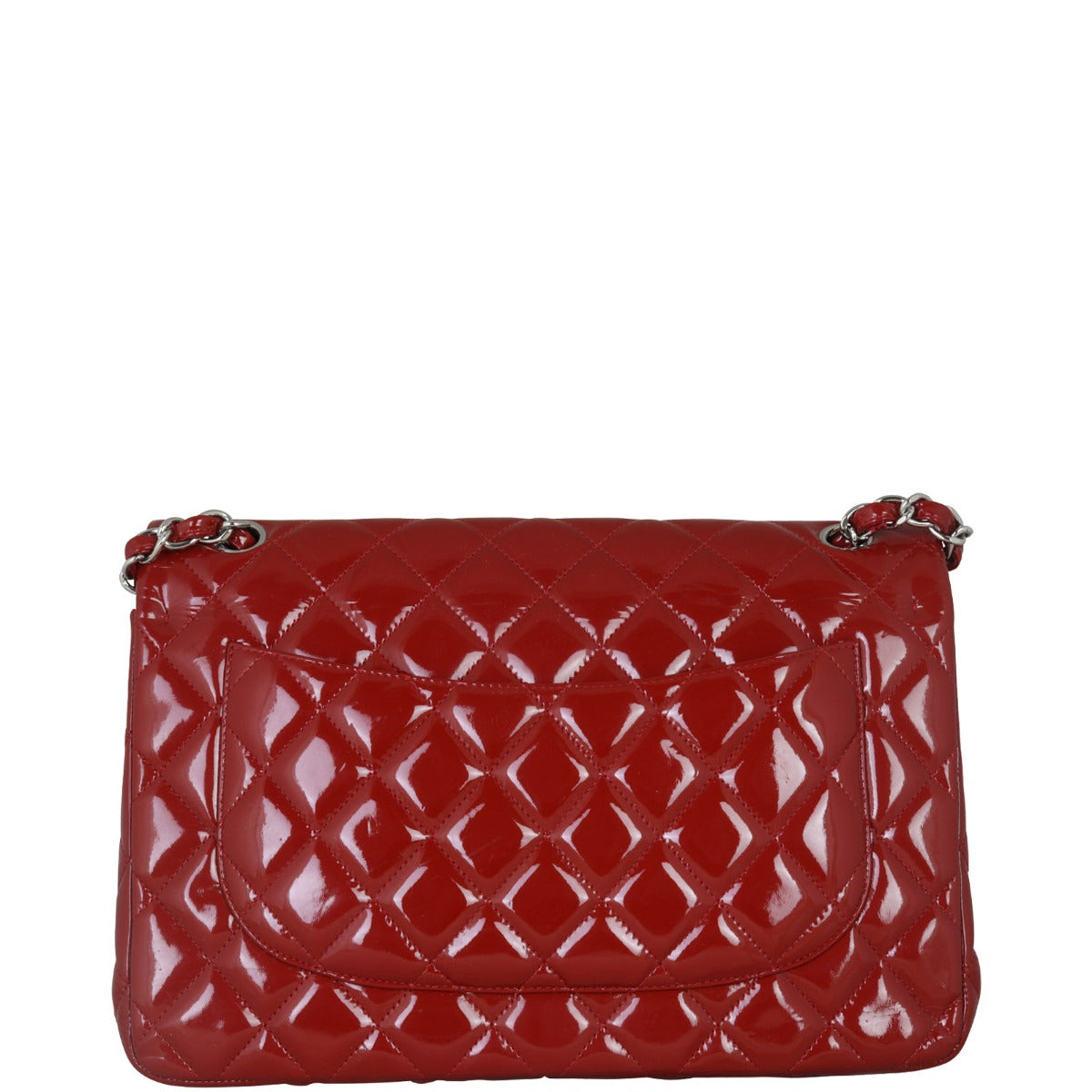 Chanel Classic Double Jumbo Patent Hardware Handbag Red Silver