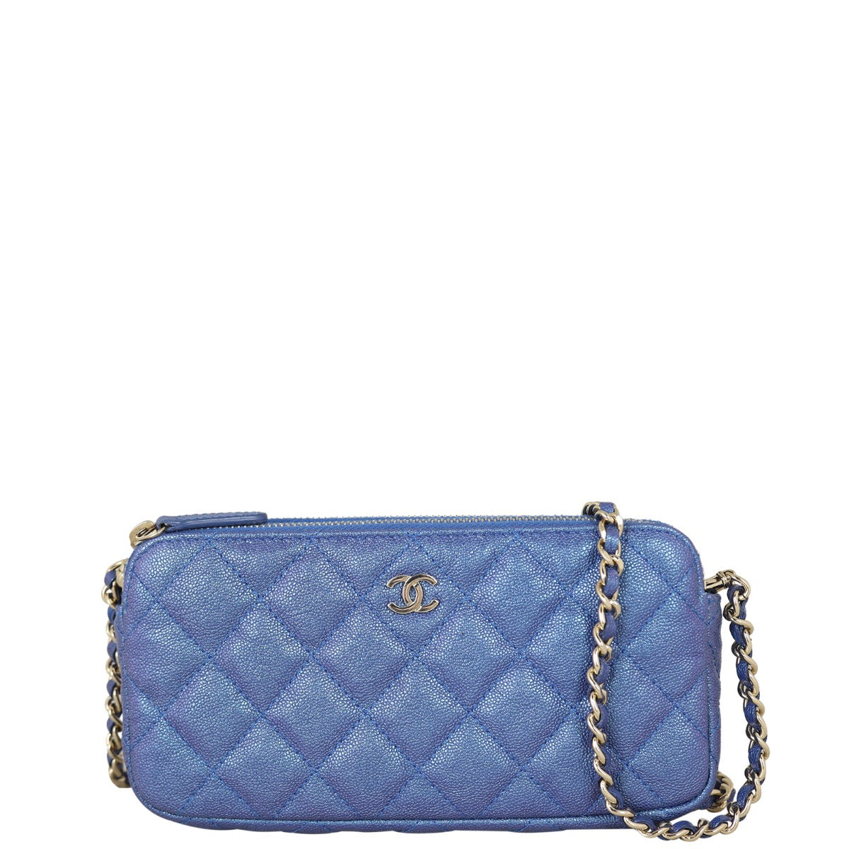 Chanel CC Double Zip Clutch with Blue Chain Clutch Bag