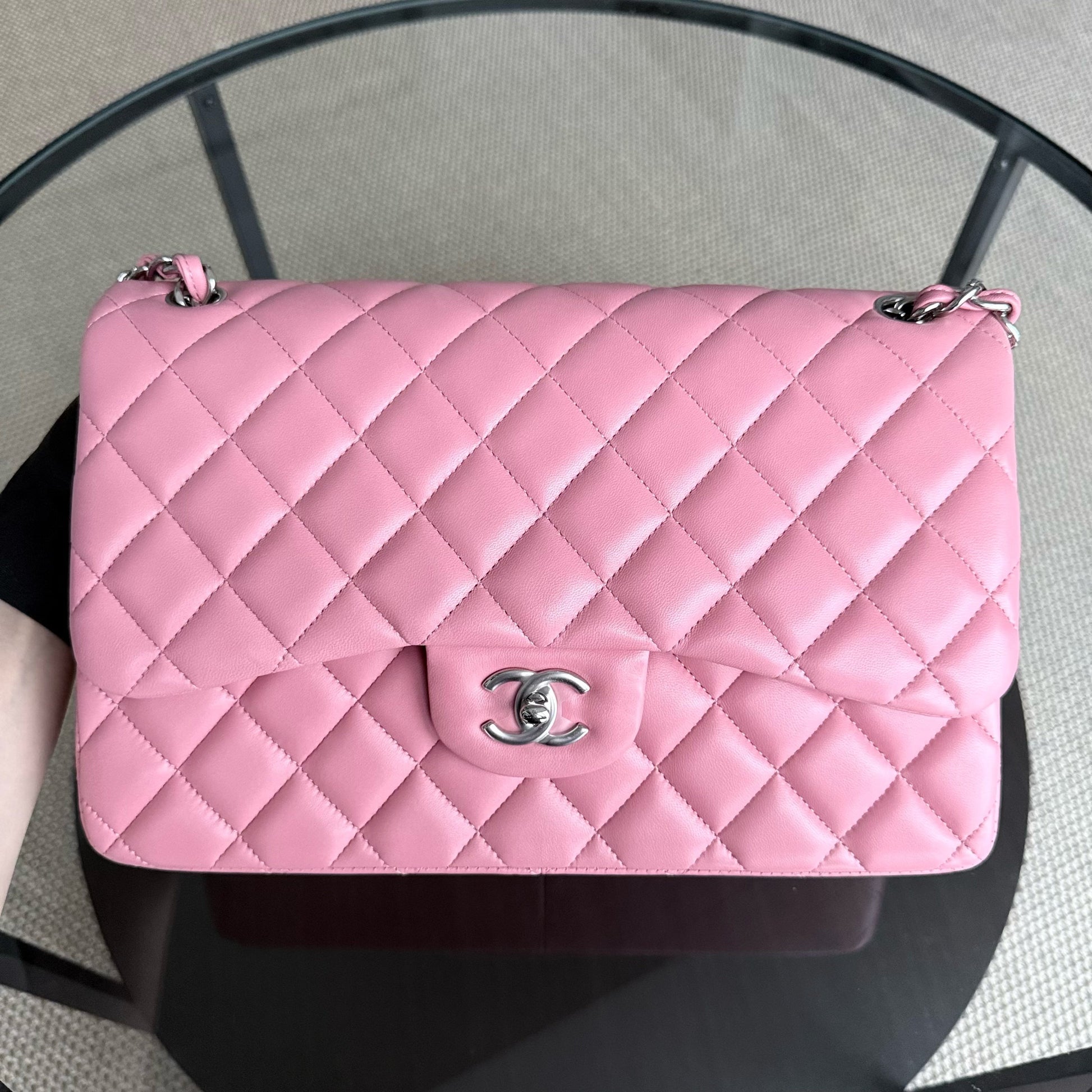 Chanel Classic Flap Jumbo - Double Flap 30CM Quilted Lambskin Pink Silver Hardware Series 18