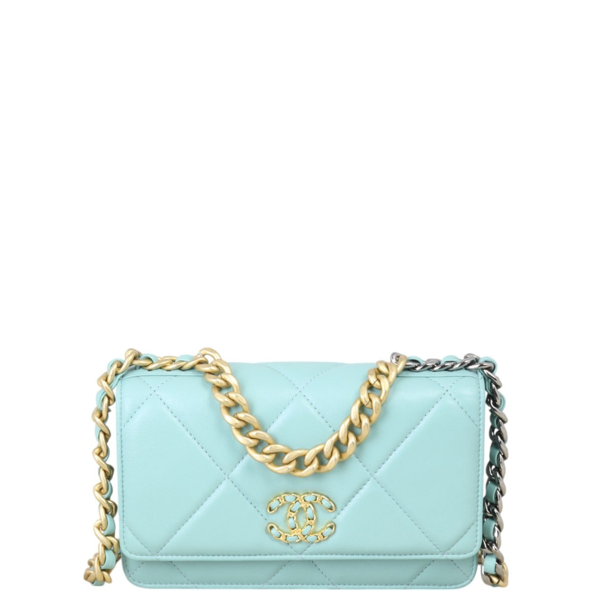 Chanel 19 Wallet On Handbag Quilted Blue
