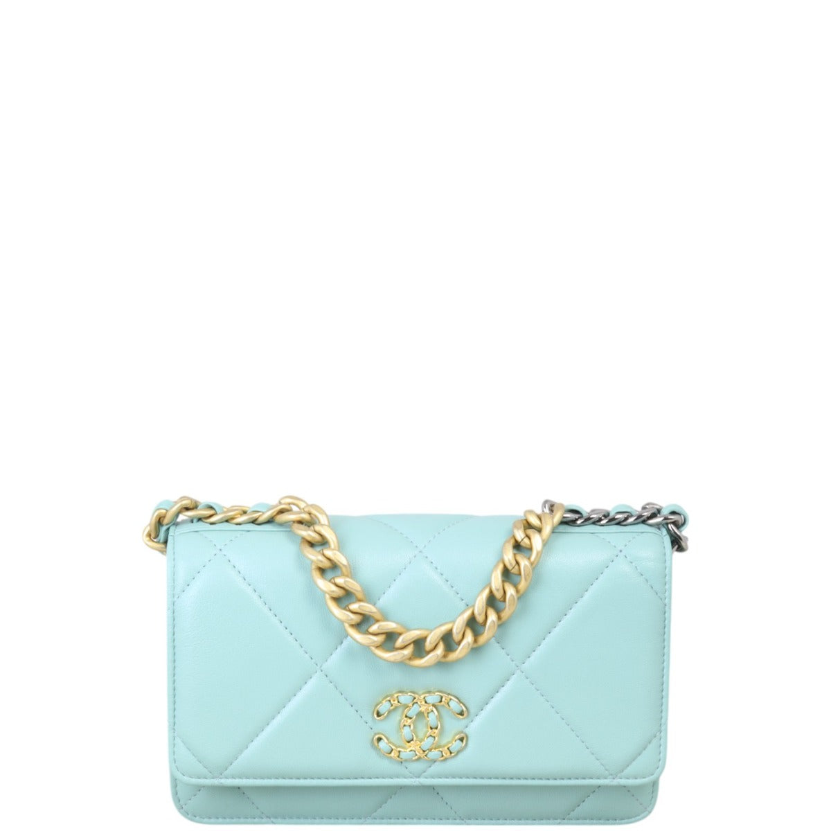 Chanel 19 Wallet On Handbag Quilted Blue