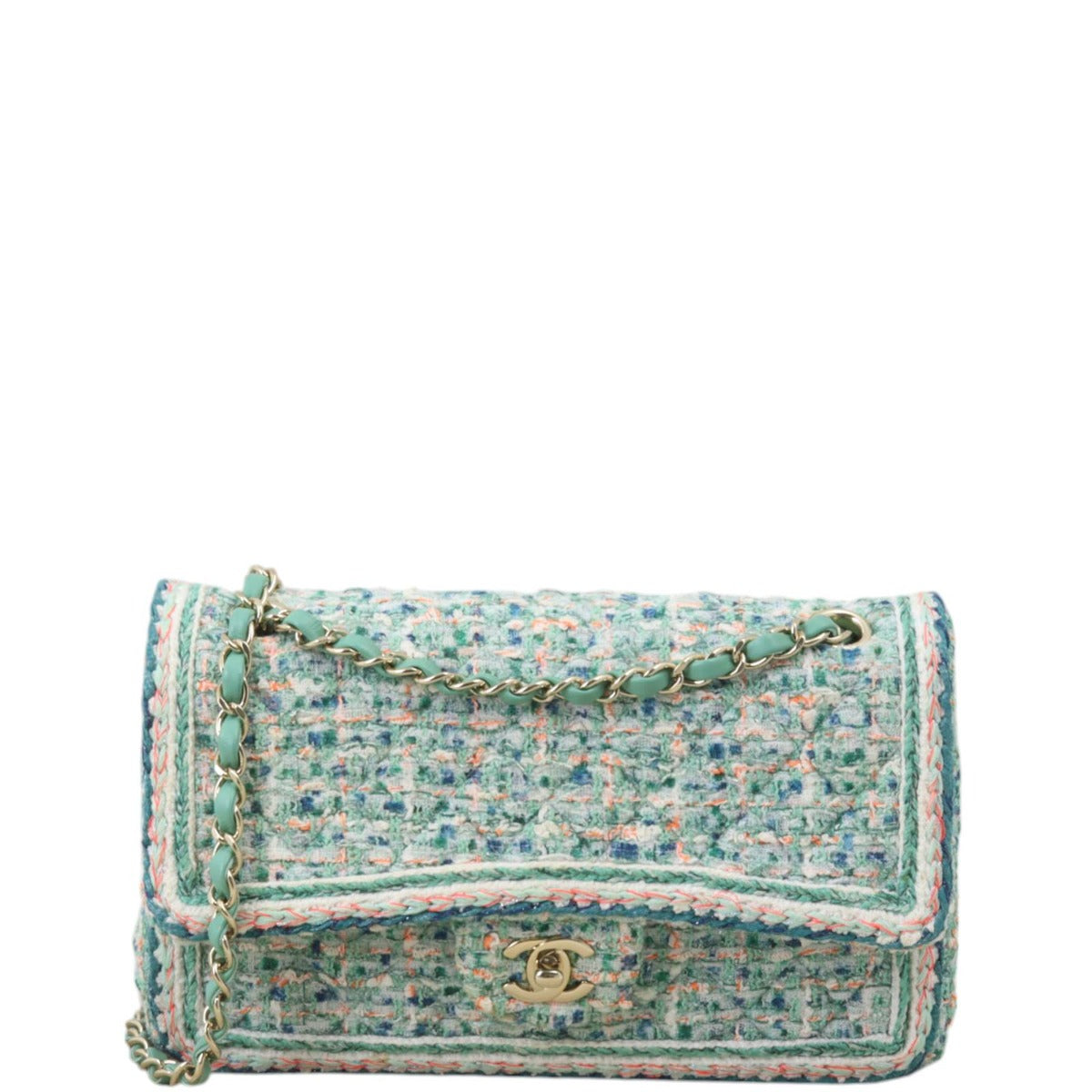 Chanel Classic Double Flap Tweed Braid Handbag Blue Green Shoulder Bag