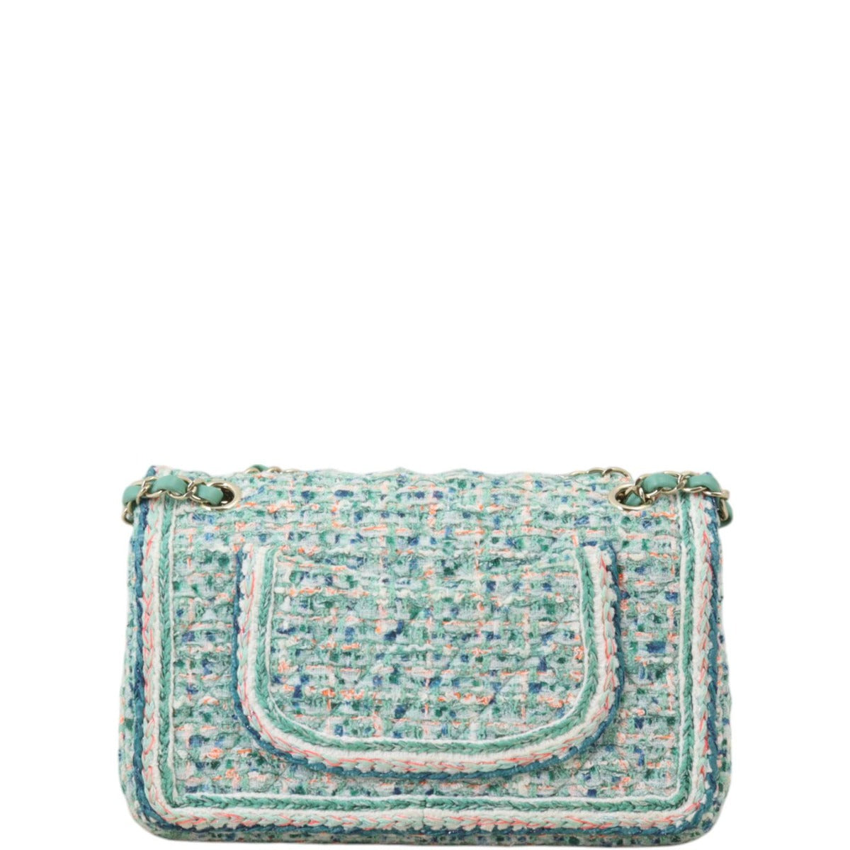 Chanel Classic Double Flap Tweed Braid Handbag Blue Green Shoulder Bag
