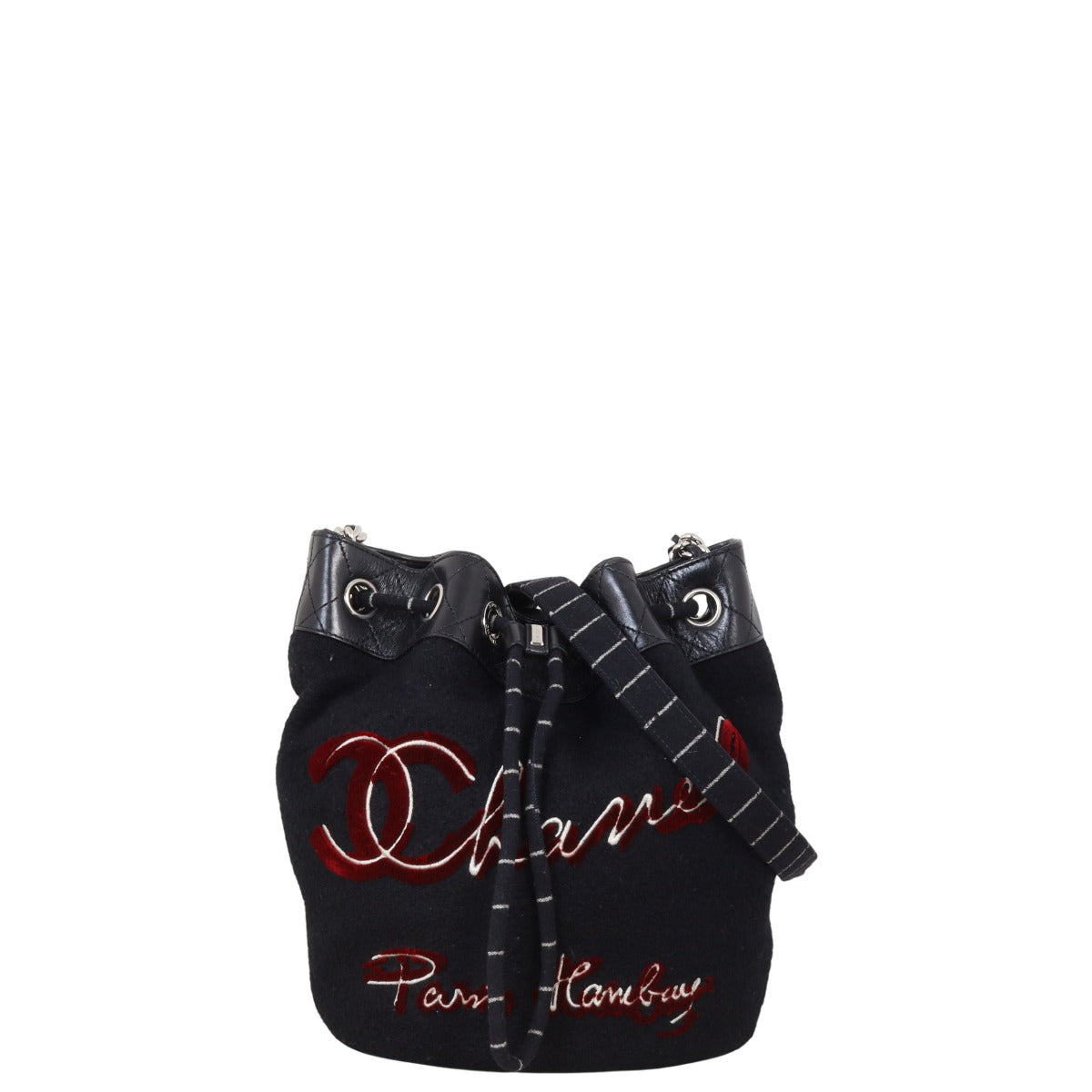 Chanel Paris-Hamburg Drawstring Wool Bag Black Bucket Jewelry