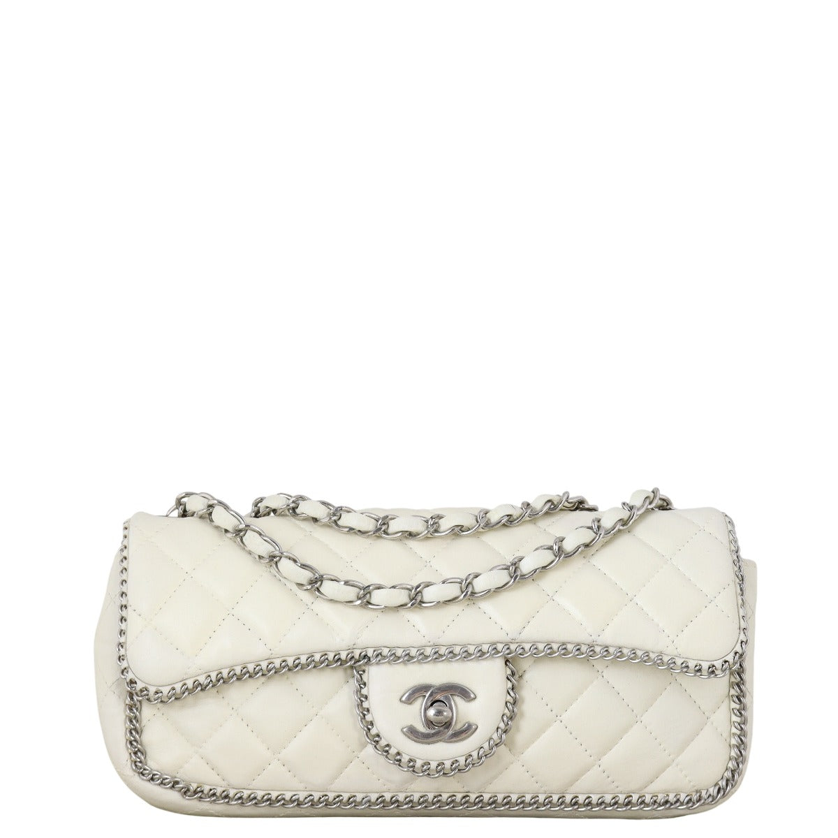Chanel Trim East West Flap Bag Quilted White Crossbody Bag