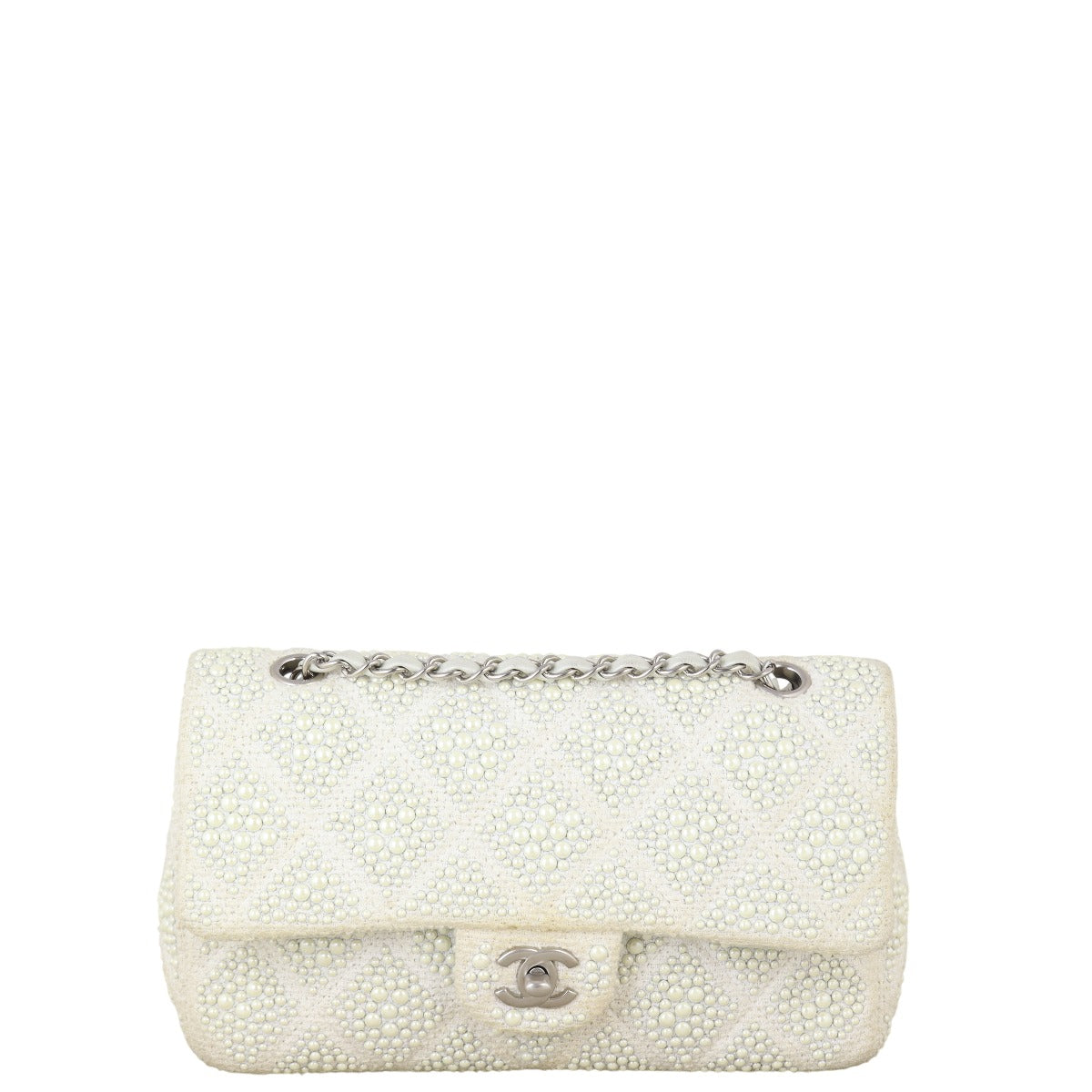 Chanel Classic Single Flap Beaded Handbag Quilted White Shoulder Bag