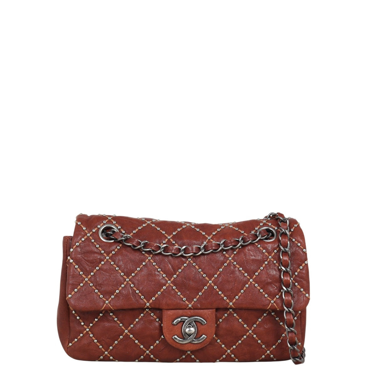 Chanel Studded Metal Beauty Handbag Quilted Brown Crossbody Bag