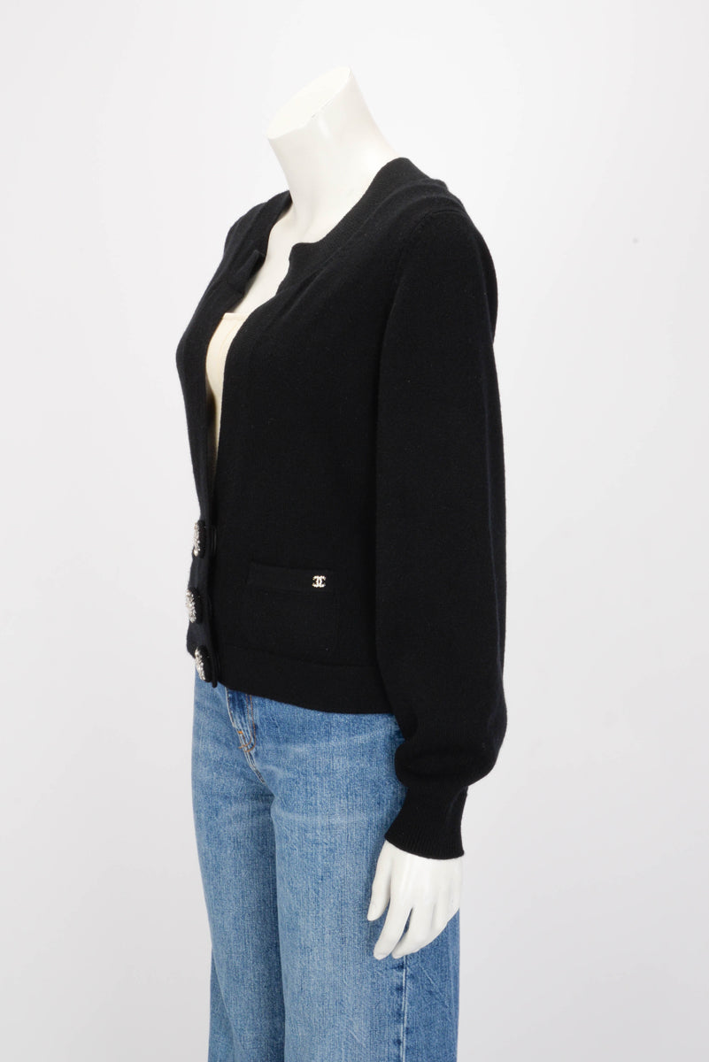 Chanel Black Cashmere Crystal Button Cardigan Fr 40 Bag