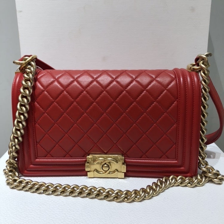 Chanel LeBoy Red Quilted Leather Chain Shoulder Bag Medium