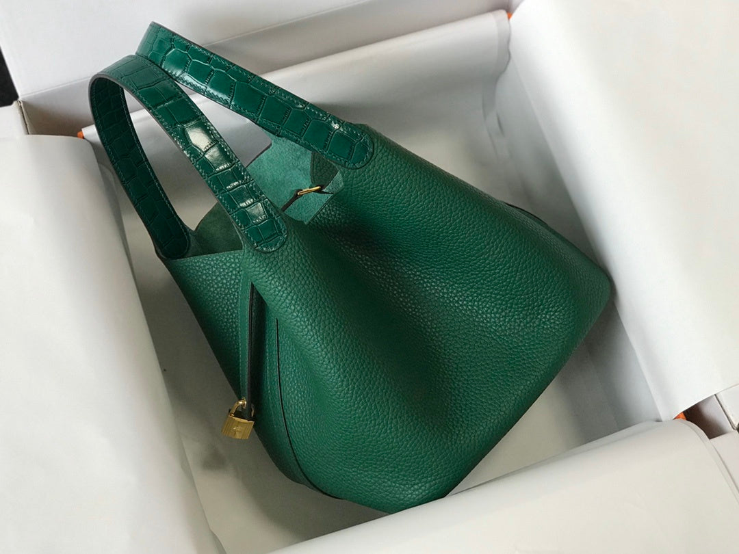 Top Quality Picotin Lock Bag With Toned Green Gold Travel Bag