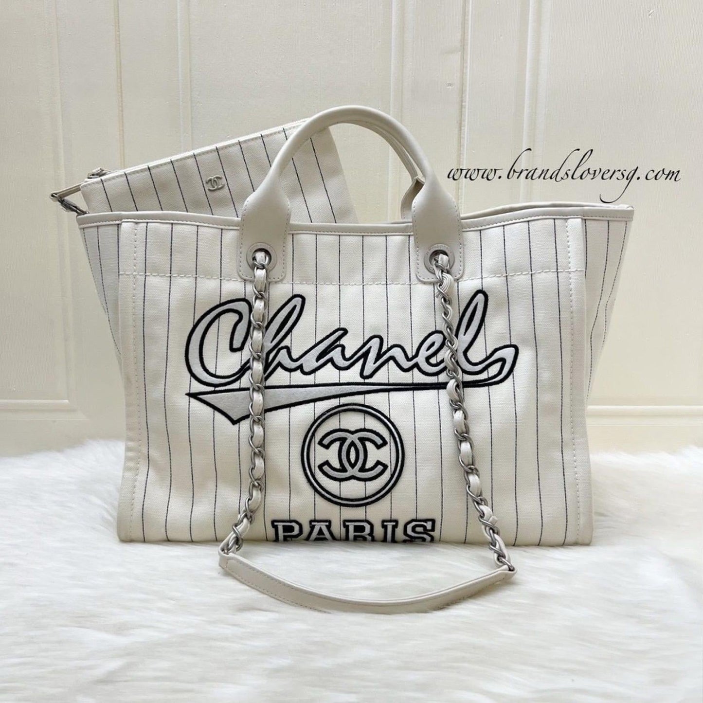 Chanel Medium / Large Deauville Tote in White Striped Fabric and Lghw