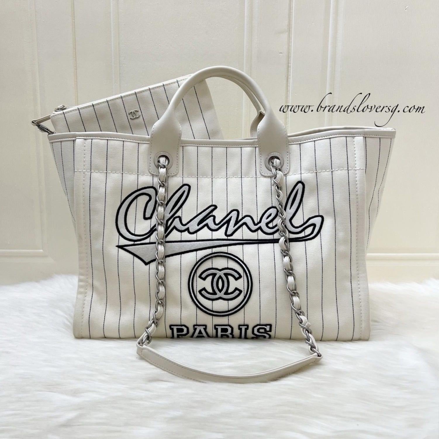Chanel Medium / Large Deauville Tote in White Striped Fabric and Lghw