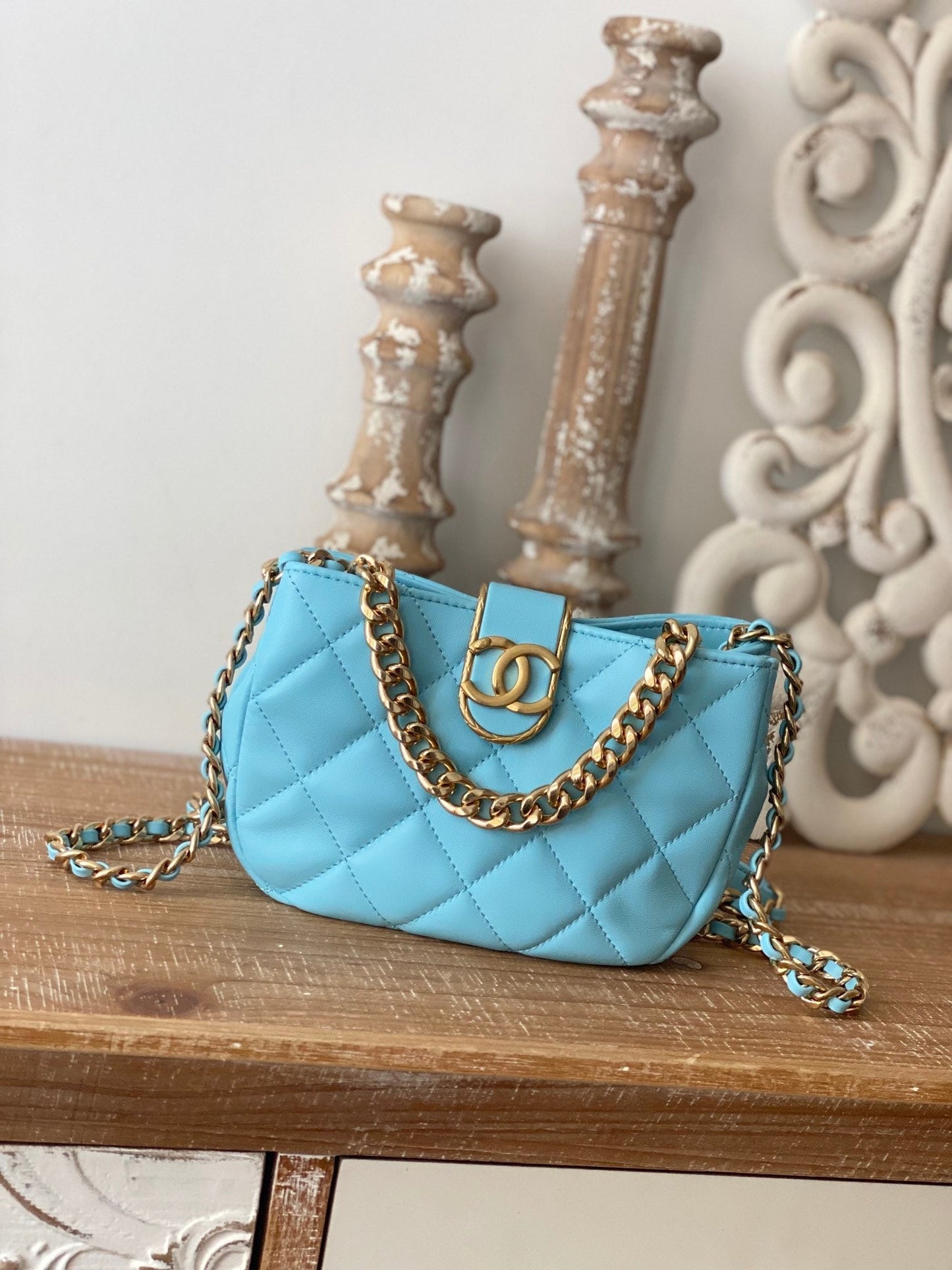 Chlsmall Hobo Bag Hardware For Women Handbags Blue Gold Shoulder Bag