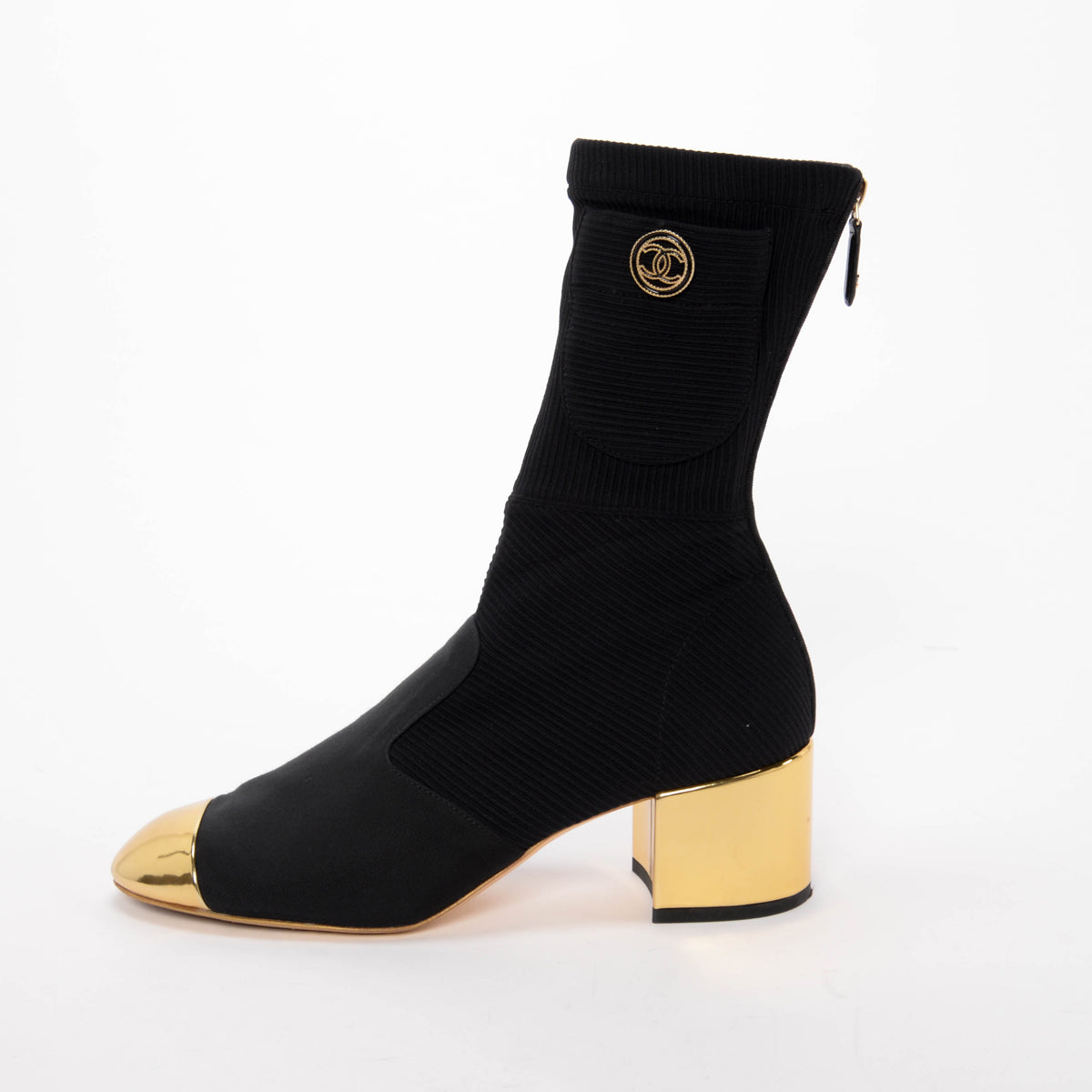 Chanel Black & Gold Knit Cc Pocket Sock Boots 39