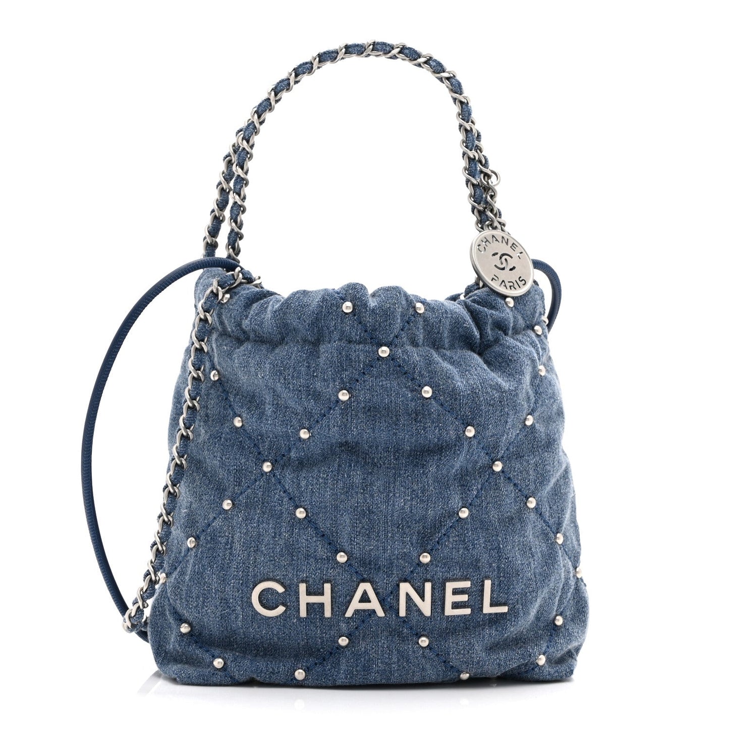 Chanel Washed Denim Quilted Studded Mini 22 Blue Bag