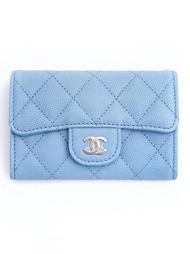 Classic Grained Shiny Calfskin Card Wallet Light Blue Chanel