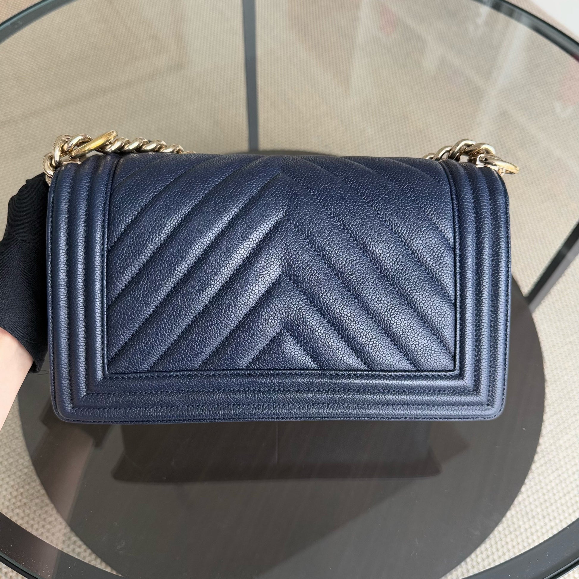 Chanel Boy Medium - Caviar 25CM Chevron Dark Navy Blue Gold Hardware Series 24