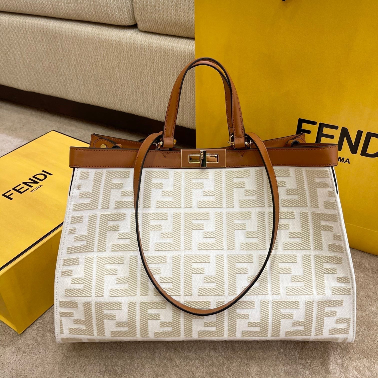 Fendi Ff Canvas White Shoulder Bag