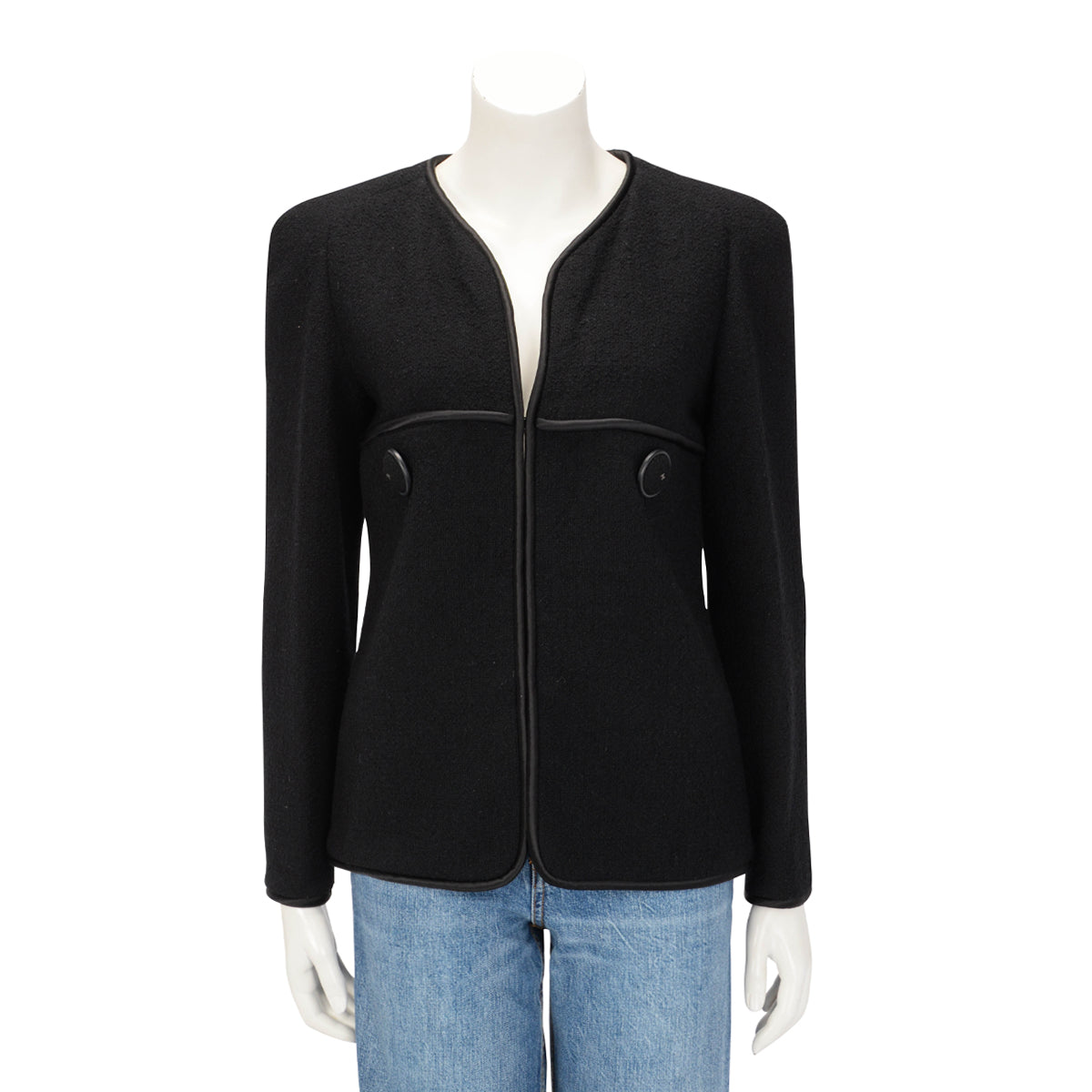 Chanel Black Wool Boucle Collarless Edge To Edge Jacket Fr 38