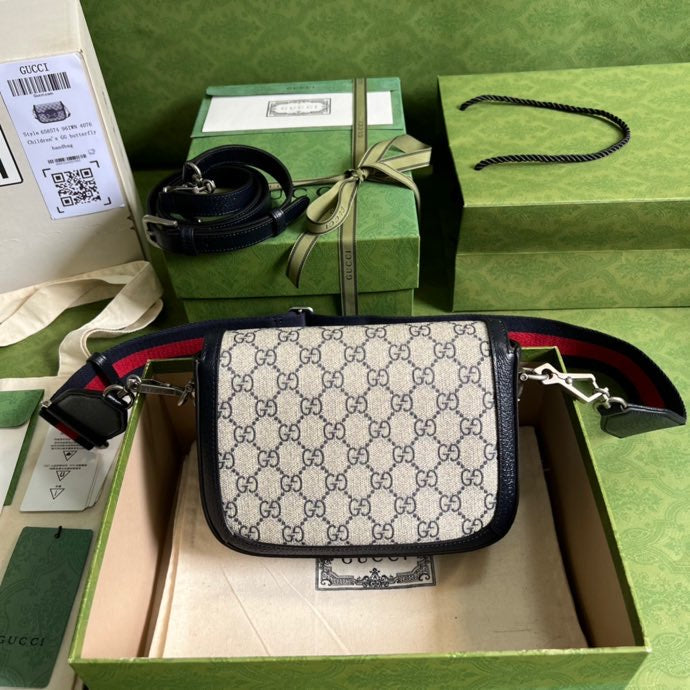 gg Horsebit gg Supreme 8in Canvas Beige Blue Mini Travel Bag