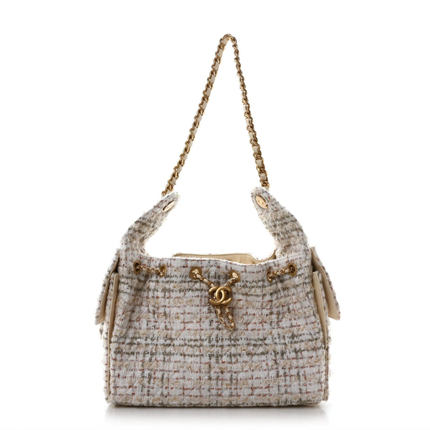 Chanel Tweed Quilted Small 25 Handbag Ecru Khaki Gold Red