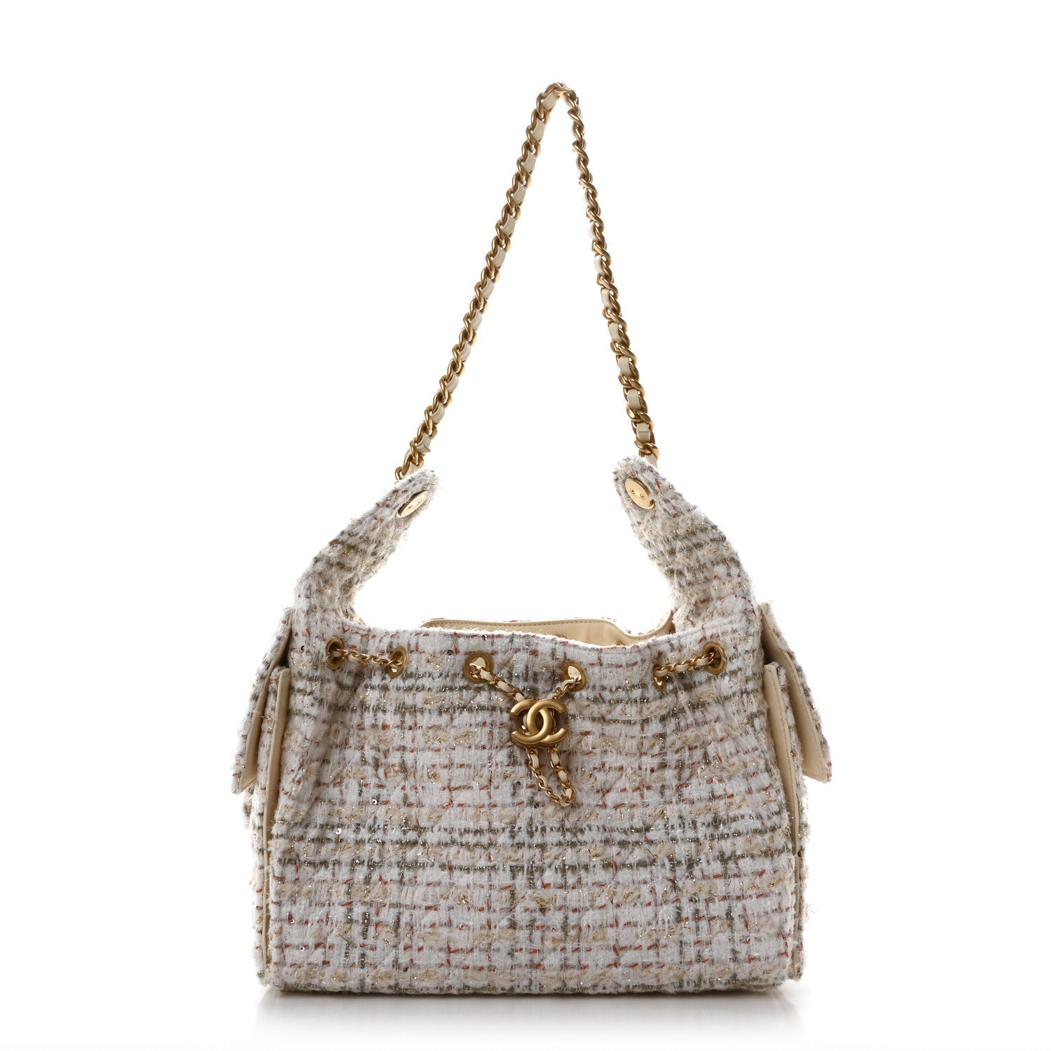 Chanel Tweed Quilted Small 25 Handbag Ecru Khaki Gold Red
