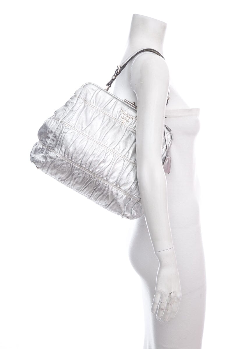Prada Prada Silver Leather Top Handle Handbag Travel Bag