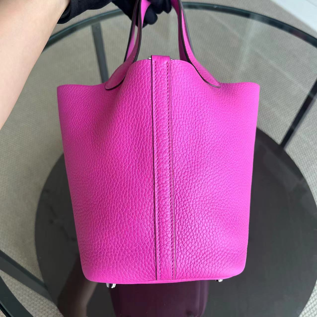 Hermes Picotin Clemence Stamp Hot Hardware Handbag Pink Silver Travel Bag