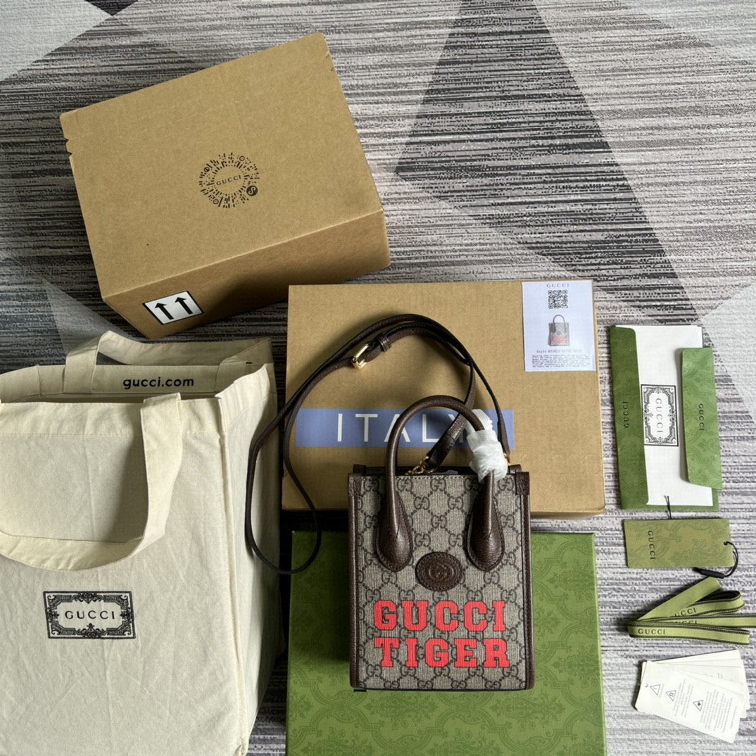 gg Tiger gg Ebony gg Canvas Brown Beige Mini Tote Bag