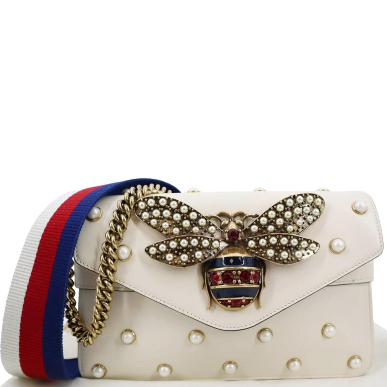 Gucci Pearl Studded Bee Broadway Shoulder Bag Leather White