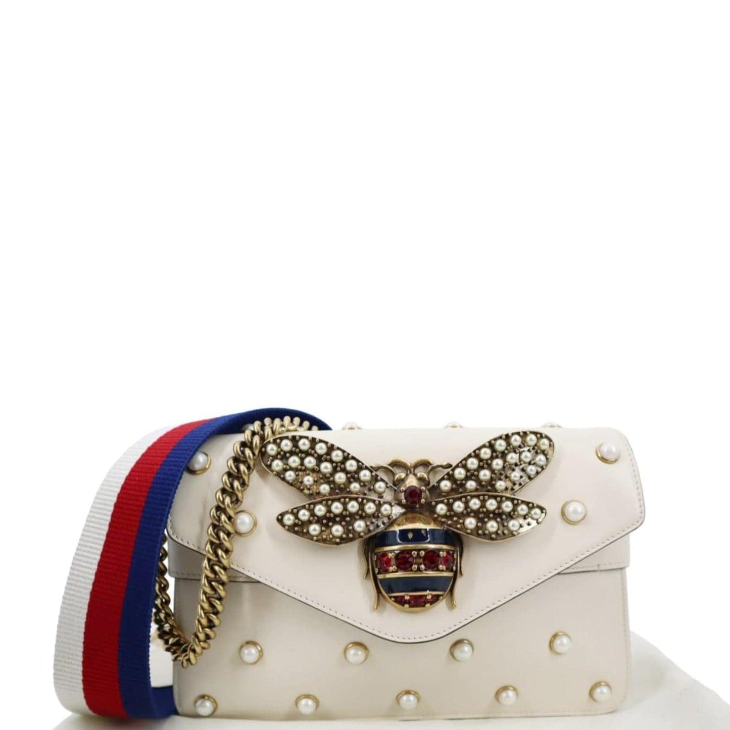 Gucci Pearl Studded Bee Broadway Shoulder Bag Leather White