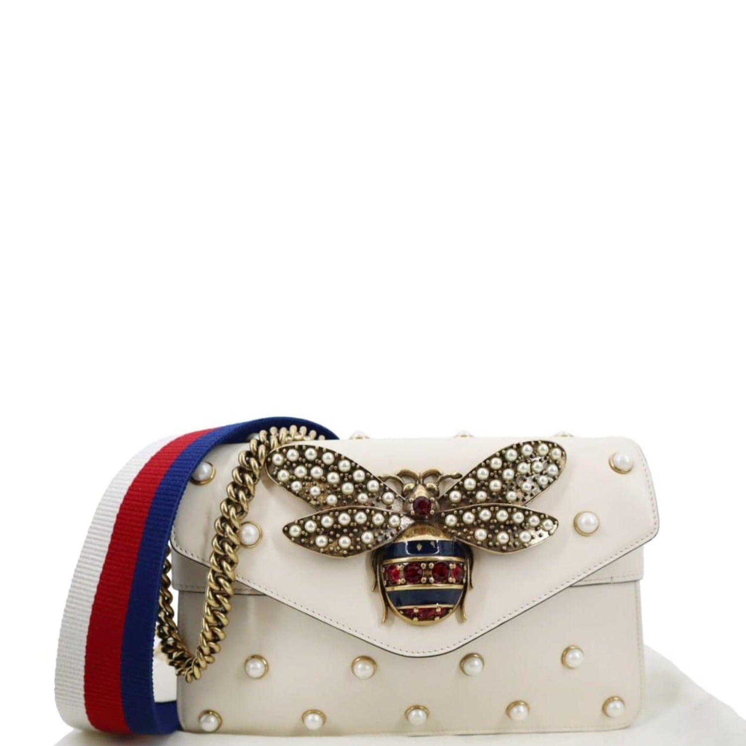 Gucci Pearl Studded Bee Broadway Shoulder Bag Leather White
