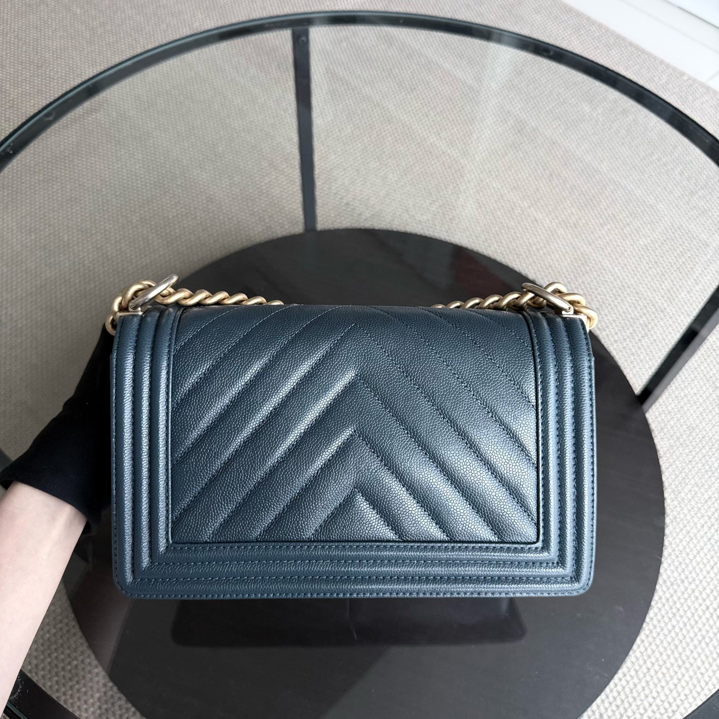 Chanel Boy Medium - Caviar 25CM Chevron Grained Calfskin Blue Gold Hardware Series 25